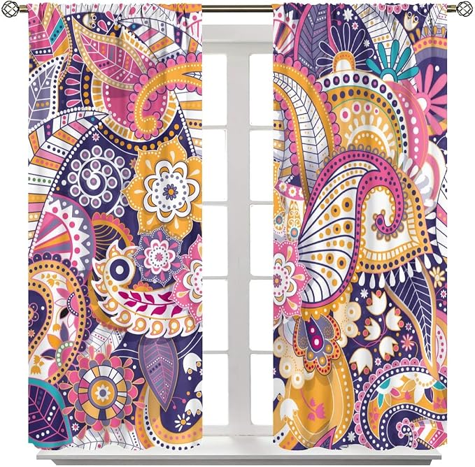 Boho Curtains, Abstract Pelis Boho Brown Vintage Floral Ethnic Tribal Blossom Print, Blackout Curtains for Bedroom Living Room42X45 Inch