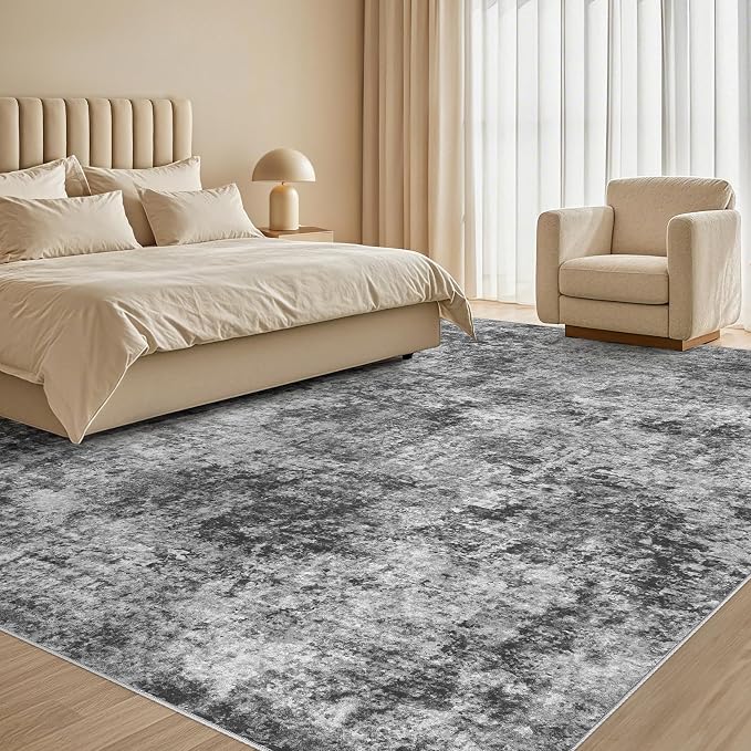 Tortania Washable 8x10 Area Rug for Living Room: Modern Abstract Neutral Large Soft Thin Rugs - Non Slip Indoor Carpet for Bedroom Dining Room Office Nursery Home Floor Decoration - Charcoal Grey