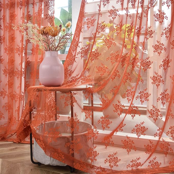Kotile Burnt Orange Sheer Curtains 63 Inch Length 2 Panels, Country Rustic Lace Floral Fall Curtains for Girls Bedroom, Rod Pocket Privacy Sheer Lace Curtains, 42 x 63 Inch Each, 1 Pair, Burnt Orange
