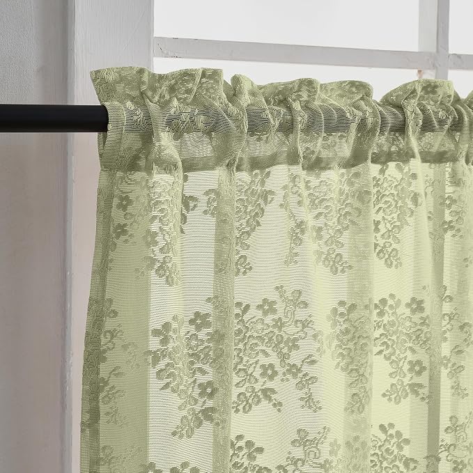 YJ YANJUN Vintage Lace Curtains 30 Inch Length-Victorian Floral Pattern Boho Sage Green Kitchen Window Curtains Over Sink Set of 2 Camper Window Privacy DrapesThat Let Light in Spring