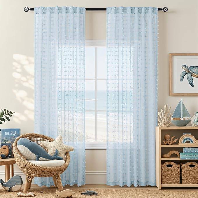 Light Blue Sheer Curtains 84 Inch Length 2 Panels Pom Pom Boho Sheer Window Curtains for Living Dining Room Baby Blue Drapes for Nursery Boys Kids Bedroom Back Tab Farmhouse Coastal Decor 52x84 Inch