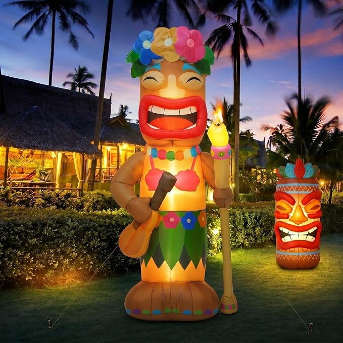Shappy 5 ft Tiki Inflatable Surfboard for Luau Hawaiian Party Decorations Summer Inflatables Outdoor Built-in LED Blow up Tiki Beach Tropical Aloha Bar Beach Pool Surfing Yard Party Decorations