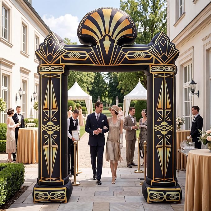 Seenelling 9 FT Roaring 20s Theme Giant Inflatable Archway Decoration Great Black Gold Geometric Arch Built-in LED Lights for 1920s Party Speakeasy Roaring Music Theme Party Supplies