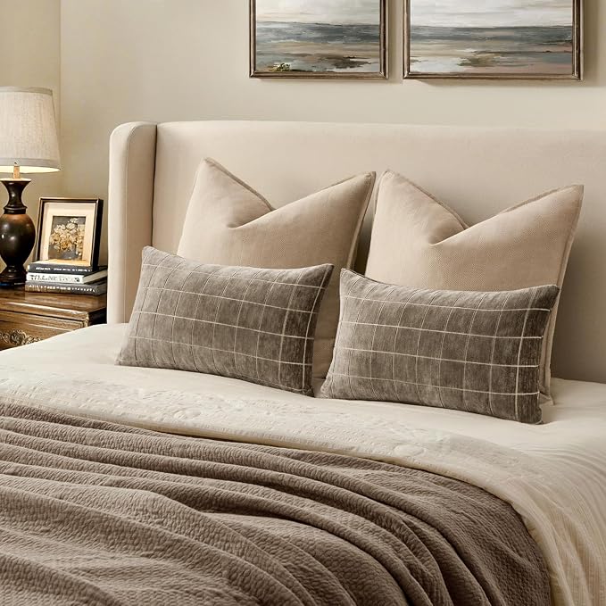 MIULEE Taupe Grey Plaid Decorative Fall Throw Pillow Covers 12x20 Set of 2 | Vintage Check Chenille Couch Pillows Boho Farmhouse Cushion Covers Modern Fall Home Decor for Sofa Bed Living Room