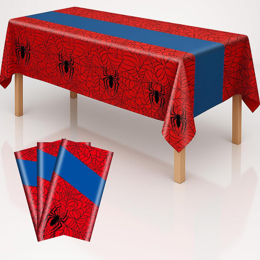 3-Pack Spider Theme Tablecloths - 54x108 Inch Disposable Plastic Table Covers for Birthday & Halloween Parties, Red & Blue Web Design Decorations for Little Ones, Adults, Indoor/Outdoor Event