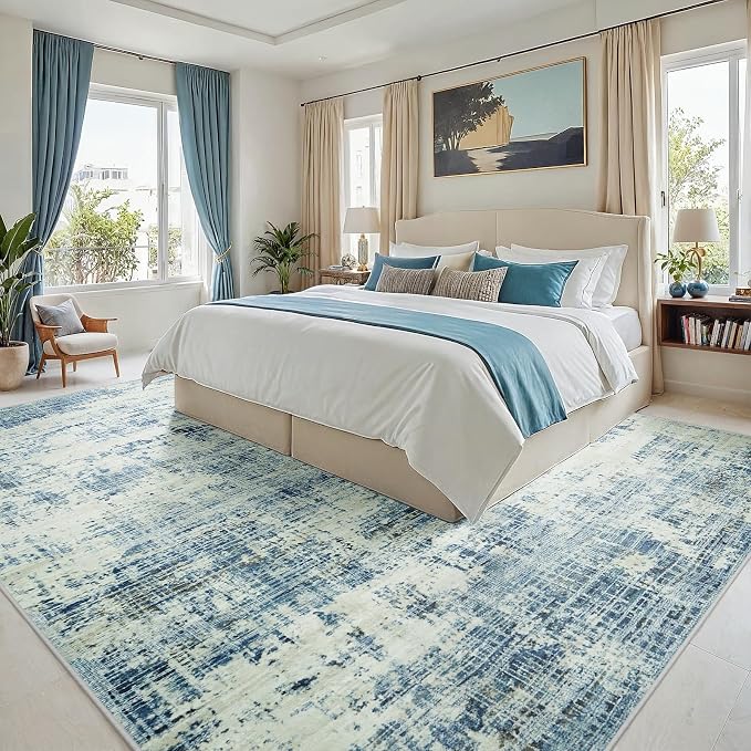 9x12 Area Rugs Washable Rug: Anti-Skid Abstract Modern Living Room Rug Soft Thin Carpets Indoor Floor Non-Shedding Carpet for Bedroom Dining Farmhouse Nursery Home Office (Blue Gray/Gold, 9'x12')