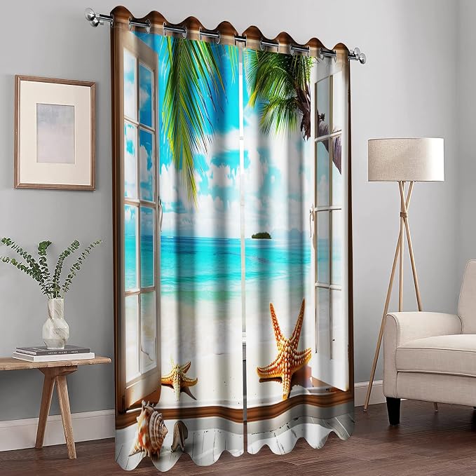 Ocean Beach Blackout Curtains Seaside Palm Tree Shell Starfish Decor Coast Sunshine Blue Sky Summer Curtain Women Men Girls Boys Bedroom Living Room Darkening Grommet Window Drapes 2 Panels, 52"x63"