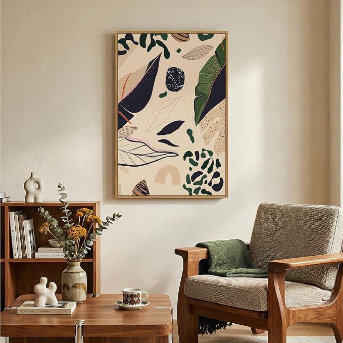 Framed Boho Abstract Botanical Wall Art for Living Room, Neutral Earthy Tropical Leaf Canvas Painting Prints Artwork for Walls, Mid Century Modern Vertical Wall Decor for Bedroom Home Office, 24x36 In