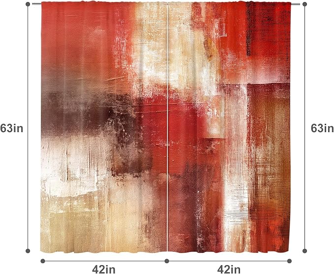 MESHELLY Abstract Red Curtains 42Wx63H Inch Rod Pocket Rustic Burgundy Brown Blocks Oil Painting Farmhouse Bedroom Window Drapes Modern Aesthetic Printed Living Room Window Treatment