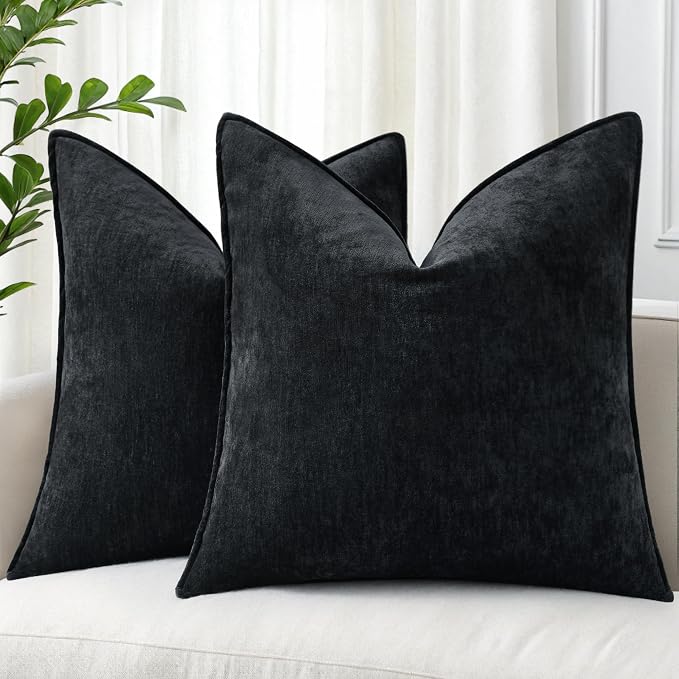 decorUhome Fall Couch Euro Sham Throw Pillow Covers 24x24 Set of 2, Decorative Soft Velvet Modern Cozy Chenille Pillow Cases with Elegant Design for Sofa Bed Living Room Home Decor, Black