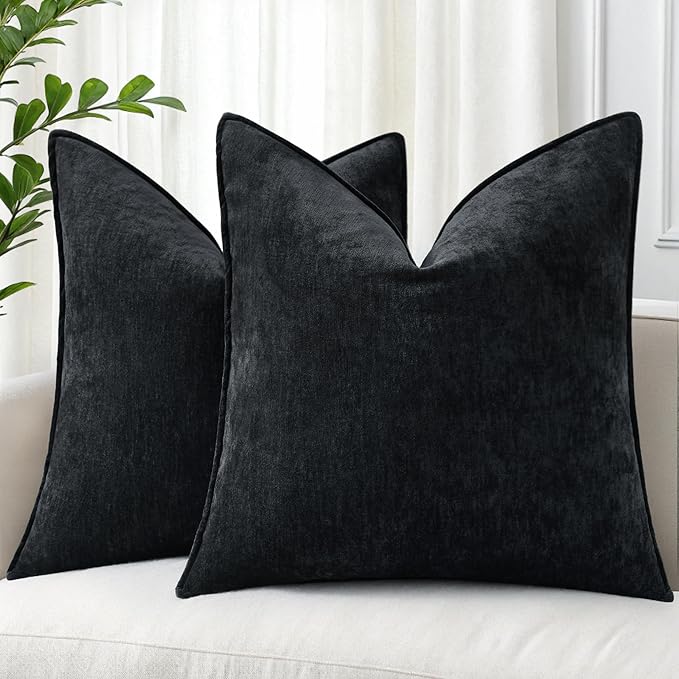 decorUhome Fall Couch Euro Sham Throw Pillow Covers 26x26 Set of 2, Decorative Soft Velvet Modern Cozy Chenille Pillow Cases with Elegant Design for Sofa Bed Living Room Home Decor, Black