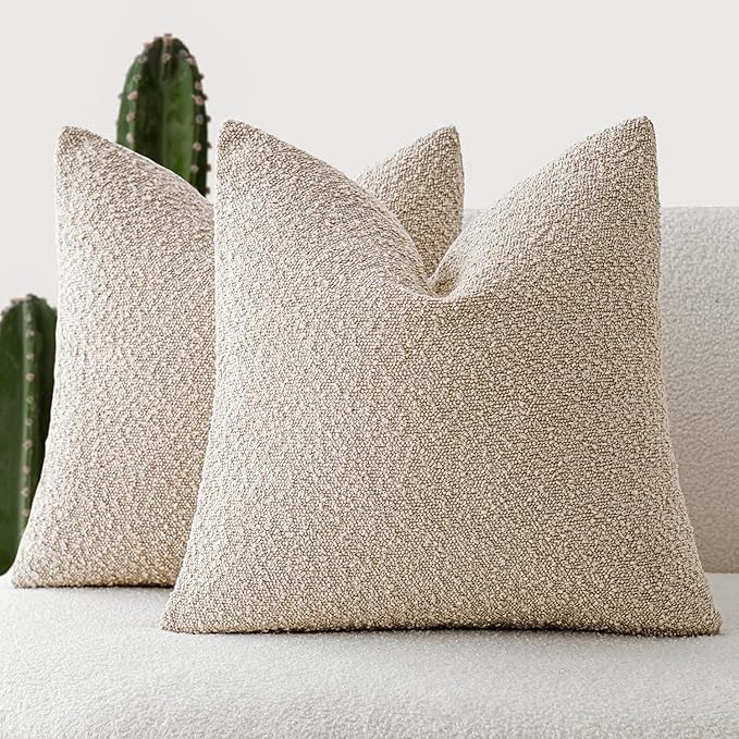 Foindtower Set of 2, Decorative Textured Boucle Throw Pillow Covers Accent Solid Pillow Cases Neutral Soft Cozy Couch Cushion Case for Chair Sofa Bedroom Living Room Home Decor 24 x 24 Inch,Oatmeal