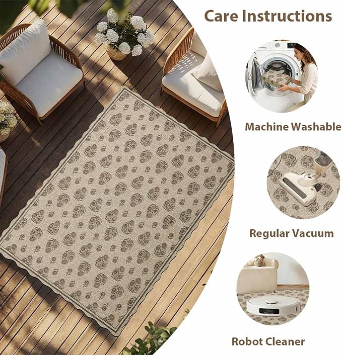 ORTIGIA Scalloped Easy Jute 5x7 Area Rug Vintage Brown Floral Accent Farmhouse Washable Rug Non-Slip Indoor Outdoor Carpet for Living Room Bedroom Patio Entryway