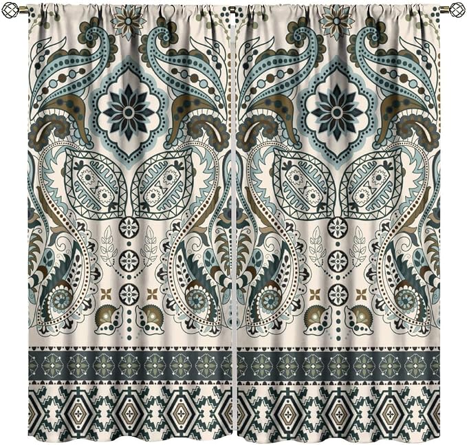 Bohemian-Style Curtains with Vintage Floral Patterns in Green and Brown Natural Tones; Blackout Curtains for Bedrooms, Living Rooms, and Kitchens42X45 Inch