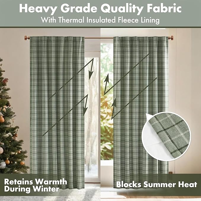 Madison Park Anaheim Cabin Plaid Curtain Window, Thermal Insulated Fleece Lining, Living Room Decor Room Darkening Drape for Bedroom, 1-Single Panel Pack, 50x63, Rod Pocket & Back Tab, Green