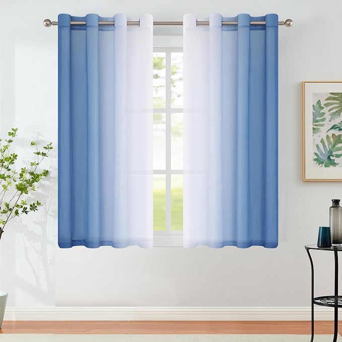 Purainbow Ombre Sheer Curtains Blue 54 Inches Length for Bedroom Living Room, Chiffon Crinkle Semi Sheer Short Curtain Panels Light Filtering Not See Through for Laundry Room, Grommet Top, 52" W