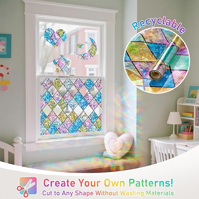 Sunbaby Window Privacy Film Stained Glass Decorative Rainbow Window Cling 3D Static Clings Colorful for Home Decoration, Anti-UV & Heat Control Non-Adhesive (17.5"x118")