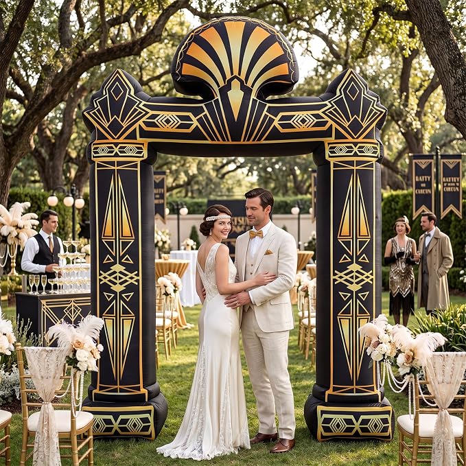 Seenelling 9 FT Roaring 20s Theme Giant Inflatable Archway Decoration Great Black Gold Geometric Arch Built-in LED Lights for 1920s Party Speakeasy Roaring Music Theme Party Supplies