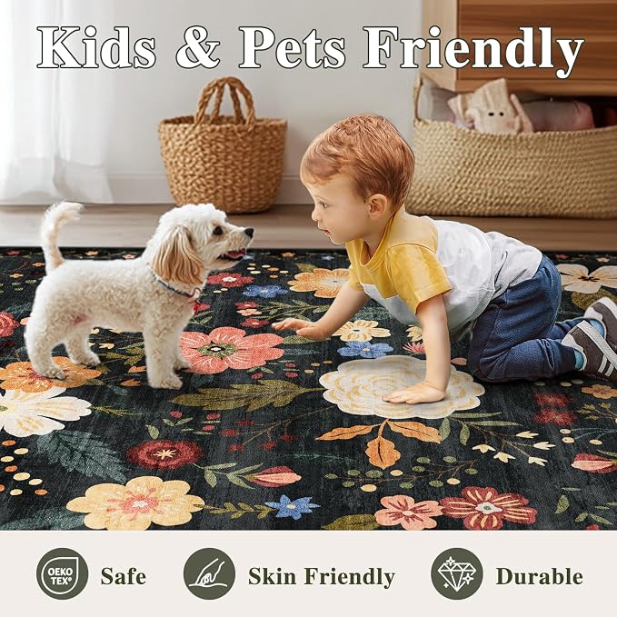 2x3 Washable Area Rug for Entryway Vintage Boho Floral Rug Non-Slip Low Pile Soft Faux Wool Small Carpet Kids and Pets Friendly for Bathroom Bedroom Kitchen Hallway Bedside Home Decor Rug Black Green