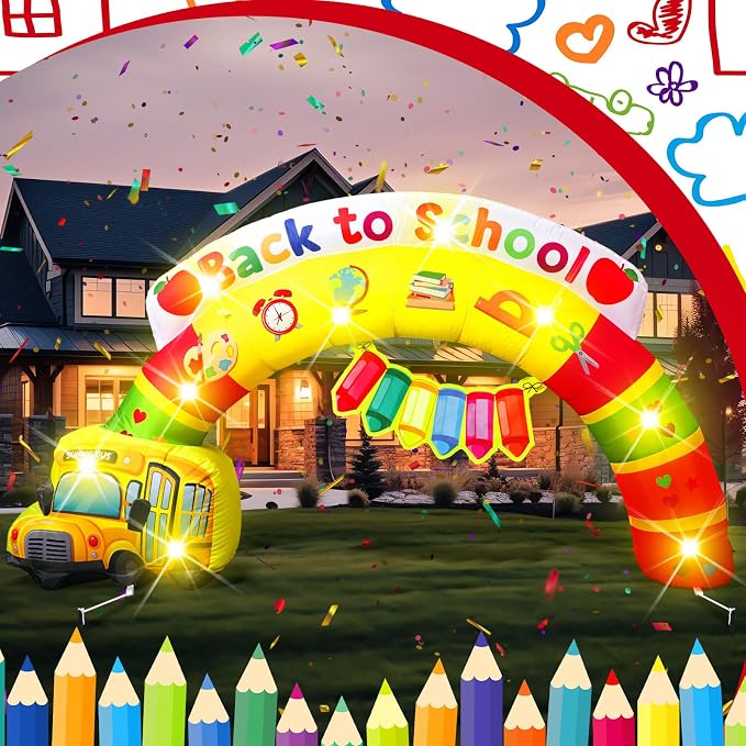 VIHOSE Back to School Inflatable Rainbow Arch, 6.5 FT Width Welcome Arch with School Bus Crayon Design,Built in LED Lights for Entrance Classroom Party