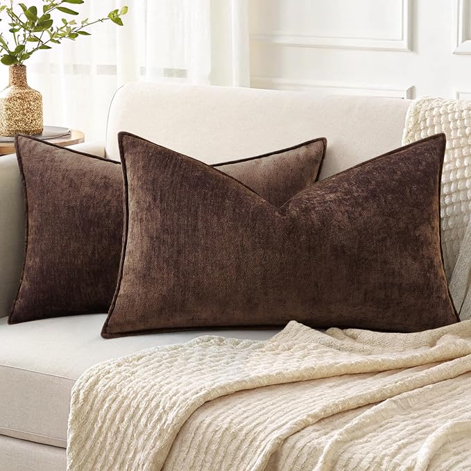 decorUhome Fall Couch Throw Pillow Covers 12x20 Set of 2, Decorative Soft Velvet Modern Cozy Chenille Lumbar Pillow Cases with Elegant Design for Sofa Bed Living Room Home Decor, Dark Brown