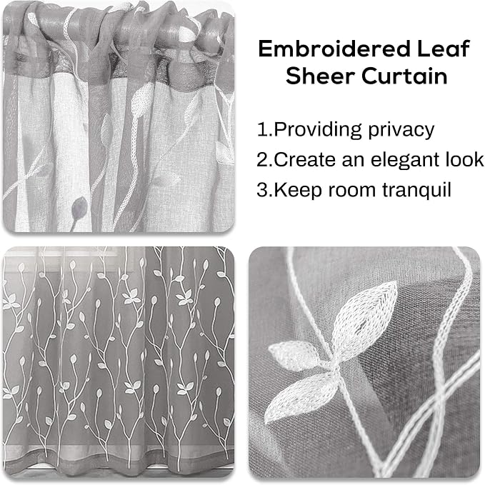 AmHoo 2 Panels Embroidered Leaf Pattern Semi Sheer Curtains Foliage Floral Voile Window Draperies Treatment for Bedroom Living Room Rod Pocket Light Gray 53 x 84 Inch