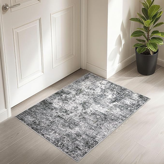 DMOYEST 2x3 Entryway Area Rug: Washable Neutral Modern Abstract Small Rug - Non-Slip Low Pile Throw Indoor Carpet for Entrance Kitchen Front Door Mat Bathroom Entry Kids Room - Grey