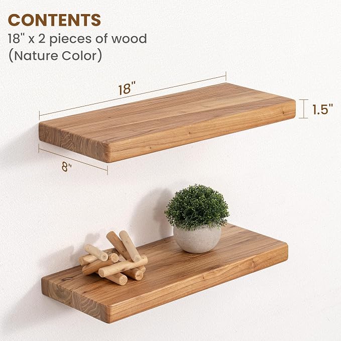 Floating Shelves for Wall, 18"Wx8"D Rustic Solid Elm Wood Floating Shelves Wall Mounted, Round Edge Wall Shelves with Invisible Bracket for Living Room Bathroom Bedroom Kitchen, Set of 2, Natural