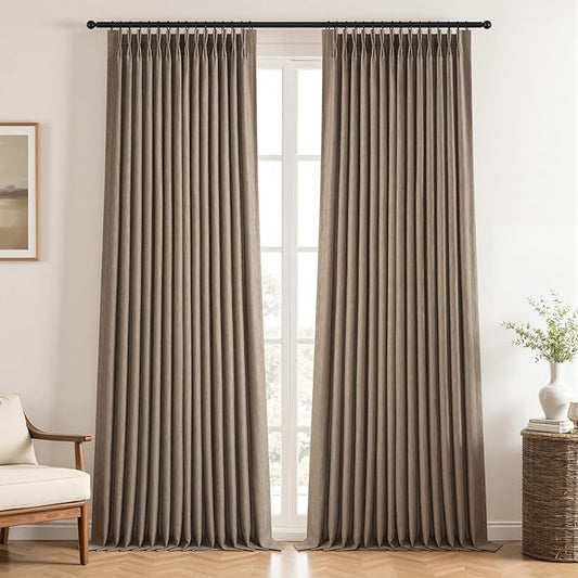 102 Inches Long 100% Blackout Dark Flax Linen Curtains,Farmhouse Pinch Pleated Noise Cancelling Curtains with Pin Hooks for Traverse Rods, Burlap Viral Drapes 2 Panels for Living Room Master Bedroom