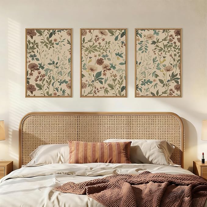 Vintage Floral Botanical Framed Canvas Wall Art Set,Abstract Neutral Wildflower Wall Decor,Mid Century Retro Flower Nature Artwork for Living Room,Bedroom,Farmhouse- 24"x36"x3