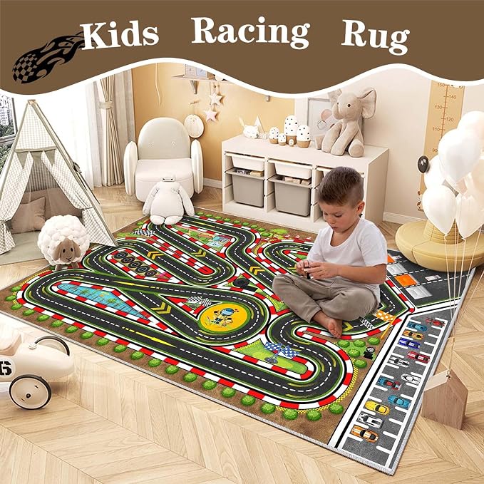 Kids Racing Rug 79''x118'' Car Road Kid Rug Carpet Playmat for Playoom Traffic Road Kid Play Mat for Bedroom，Washable Kids Educational City Traffic Road map Fun Carpet (Brown)