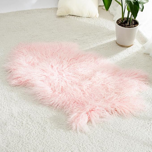 100% Genuine Sheepskin Area Rug Real Lightweight Fluffy Soft Mongolian Long Wool Fur Carpet for Couch Bed Sofa Bedroom Living Room Pink 2x3ft