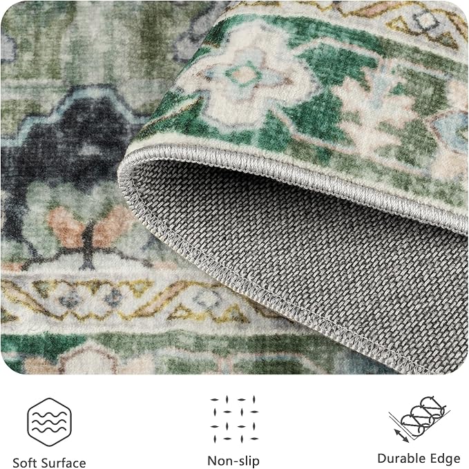5x7 Area Rugs, Vintage Retro Soft Washable Rug, Non-Slip Low Pile Rugs for Living Room, Bedroom, Dining Room, Stain Resistant Home Decor Rug (Green)