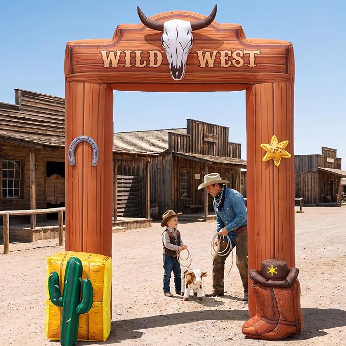 Seenelling 9 ft Western Cowboy Giant Inflatable Archway Decoration Brown Wild West Theme Arch Built-in LED Lights for Birthday Western Event Festival Entrance Outdoor Supplies