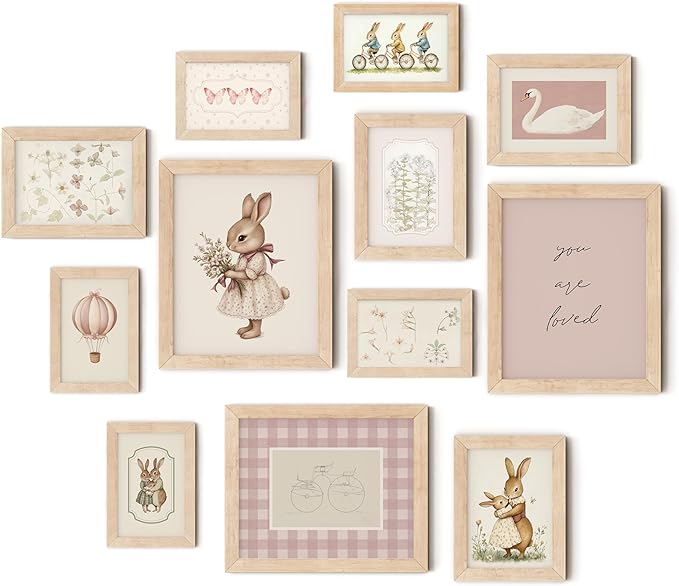 TwoDays Vintage Nursery Decor for Baby Girls, Pink Rabbit Bunny Wall Art for Toddler Kids Playroom, Swan Animals Posters for Bedroom (Multi Sizes, Set of 12, 8 × 10 Largest, Wooden Framed)