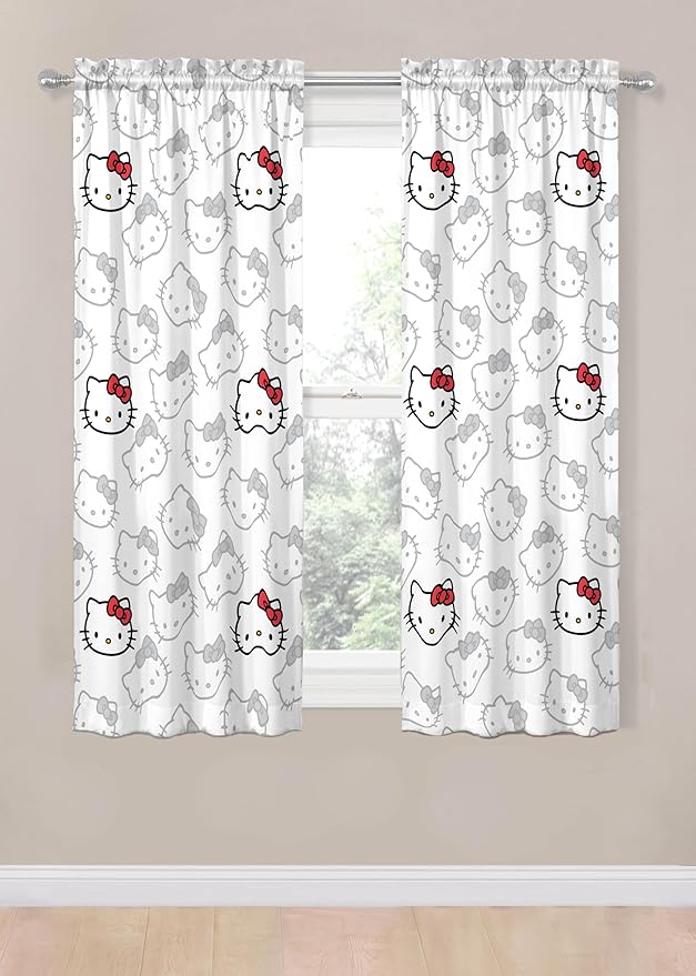 Jay Franco Window Curtains for Bedroom 4-Piece Drape Set with 2 Tiebacks, White - Hello Kitty, 42" W x 63" L (Pack of 2)