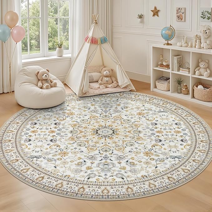 Round Area Rug for Living Room: 4 ft Washable Vintage Boho Soft Thin Circle Rug Indoor Floor No Slip Stain Resistant Carpet for Bedroom Dining Room Farmhouse Nursery Home Office - Beige