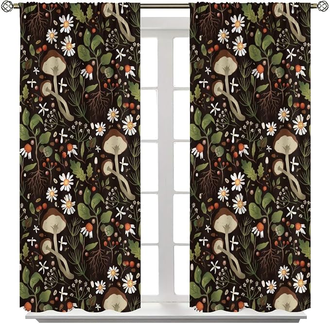 Mushroom Curtains,Green Plant Forest Botanical Print Window Treatments for Bedroom Living Room Kitchen Cartoon Herbs Floral Window Drapes 2 Panels Set,Total Size 84 x 84 Inch