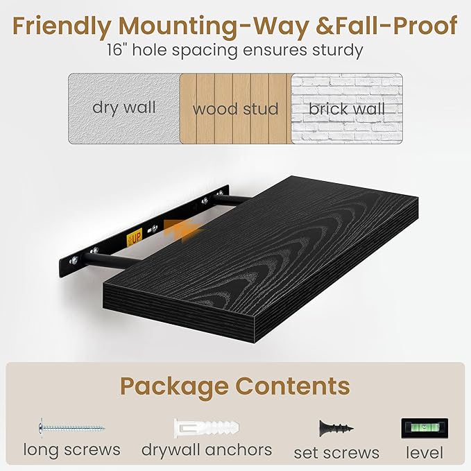 Fun Memories Black Floating Shelves 55 Inch Long, 9.3 Inch Deep Floating Shelf for Wall, Living Room, Bedroom, Kitchen, Large Deep Wall Shelves with Invisible Bracket for Books, Decor