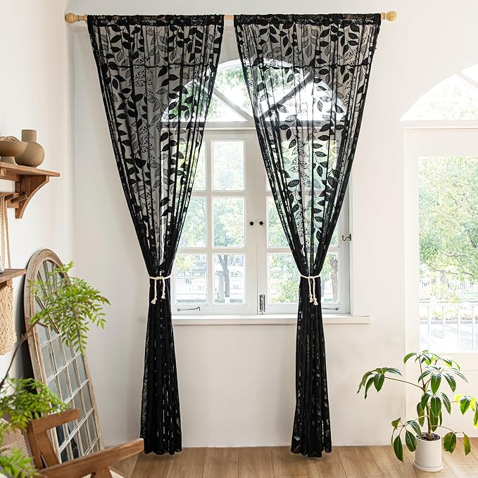Treatmentex Black Lace Sheer Curtains for Bedroom Living Room 95 Inch Length Light Filtering Leaf Knitted Semi Sheer Window Curtains Elegant French Lace Curtains 54" w Pocket 8ft