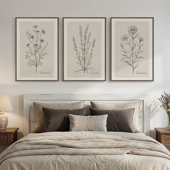 Framed Farmhouse Botanical Canvas Wall Art for Living Room, 3 Piece Large Vintage Neutral Floral Line Artwork for Walls, Minimalist Rustic Sketch Art Prints Paintings for Bedroom Kitchen, 24x36 Inch