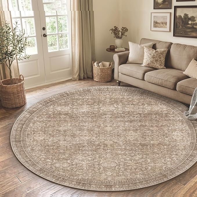 Sasttie Round Rugs 8ft, Ultra-Soft Washable Circle Rug, Low Pile Foldable Thin rugs with Non-Slip Backing, Skin-Friendly Stain Resistant Carpet for Living Room, Bedroom, Kitchen, Dorm, 8ft, Dark Brown