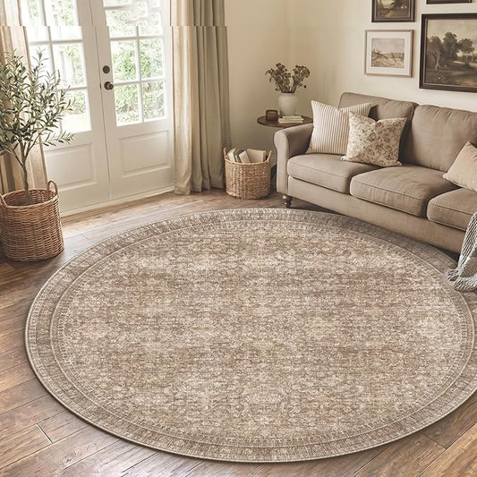 Sasttie Round Rugs 8ft, Ultra-Soft Washable Circle Rug, Low Pile Foldable Thin rugs with Non-Slip Backing, Skin-Friendly Stain Resistant Carpet for Living Room, Bedroom, Kitchen, Dorm, 8ft, Dark Brown