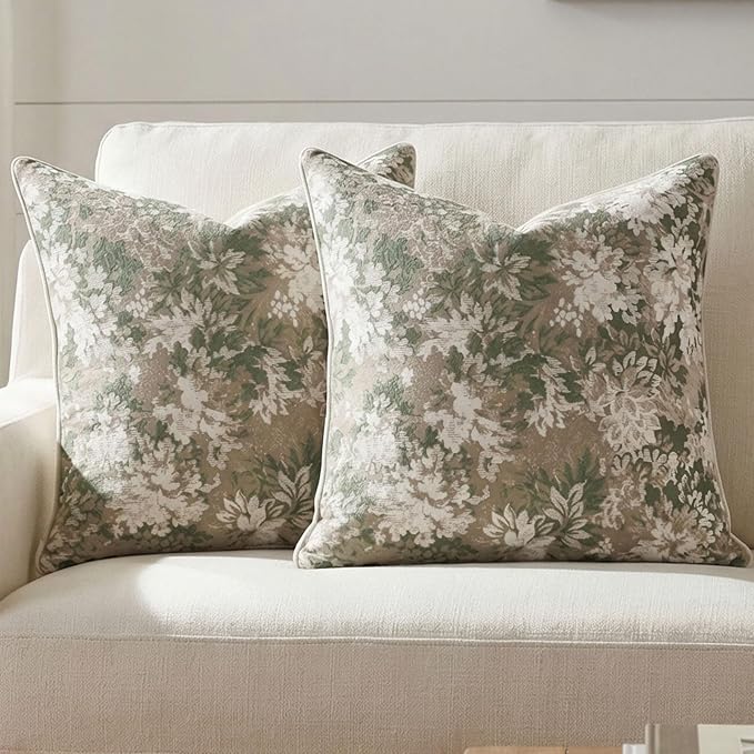 Vintage Floral Throw Pillow Covers 18x18 Inches Set of 2 Boho Farmhouse Pillow Cases Premium Chenille Textured Decorative Cushion Covers for Couch Retro Garden Farmhouse Style Grass Green