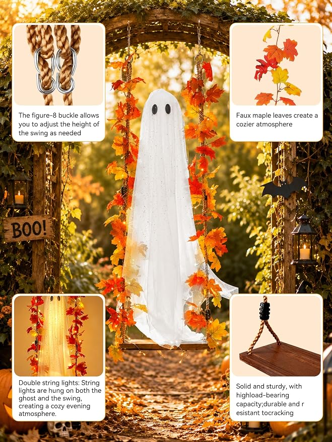 AYGXU Halloween Decorations Outdoor Indoor-5.3ft Hanging Ghost Decor with a Maple Leaf 6.6ft Swing,Ghost Light,Halloween Decor for Tree,Yard,Porch,Garden