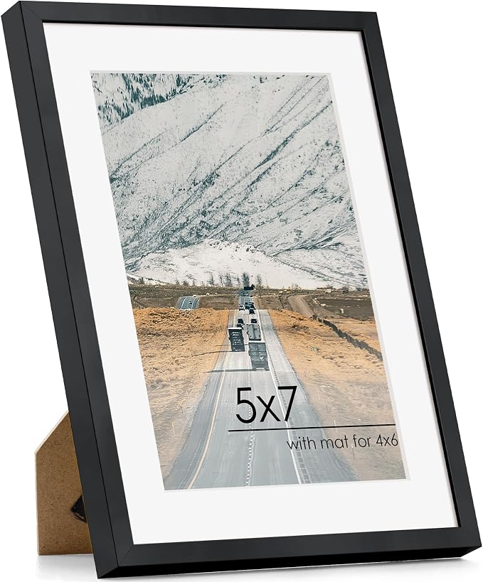 FLYJOE 5x7 Picture | Metal Picture Frame With Mat For 4x6 | 5x7 Aluminum Frame | 5 x 7 Photo Frame | Plexiglass And Hanging Hardware Included | 5x7 Black Picture Frame | Black