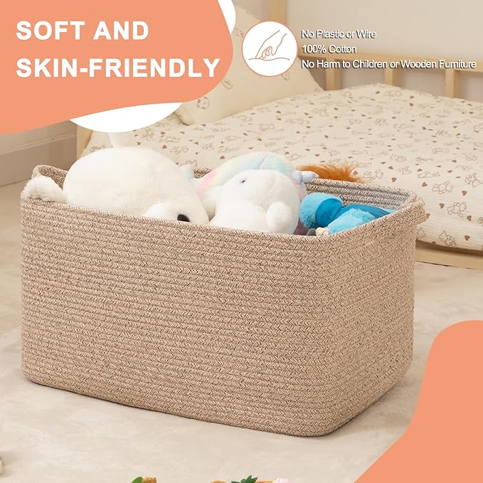 65L Cotton Rope Large Blanket Basket (19.7"x15.7"x11.8") for Living Room, Kids Room & Laundry, Storage Basket with Handle for Organizing Blankets, Pillows, Clothes & Toys, Brown