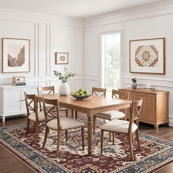 6x9 Area Rugs Living Room: Washable Boho Large Neutral Vintage Soft Rug Stain Resistant Farmhouse Non-Slip Indoor Floor Retro Carpet for Bedroom Nursery Kids Office Dining Room- Burgundy