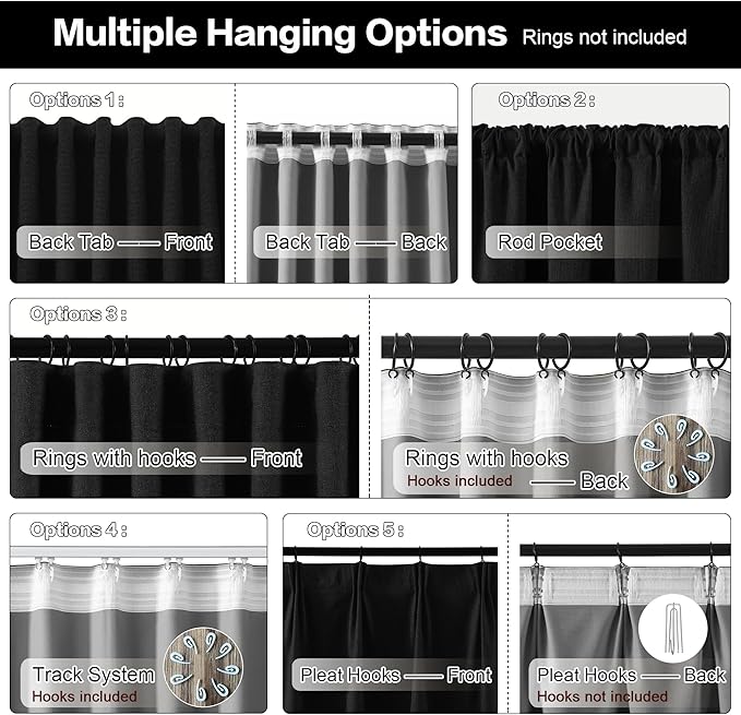 RAIN CITY 104 Inch Custom Made Black Curtains, Textured Linen Blend Black Out Pleated Look Curtains with Hooks Window Drapes for Slidng Glass Door Living Room-50x104-inch 2 Panels Set