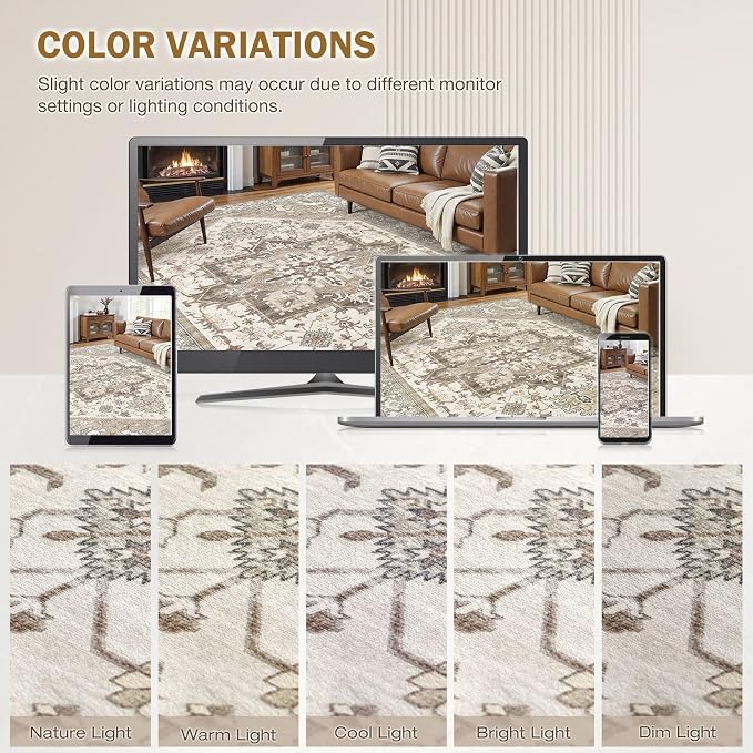 Area Rug for Living Room - 7x9 Washable Oriental Vintage Floral Large Soft Carpet - Fade Stain Resistant Non Slip Rugs for Bedroom Dining Room Nursery Dorm Office Home Decor - Beige Brown
